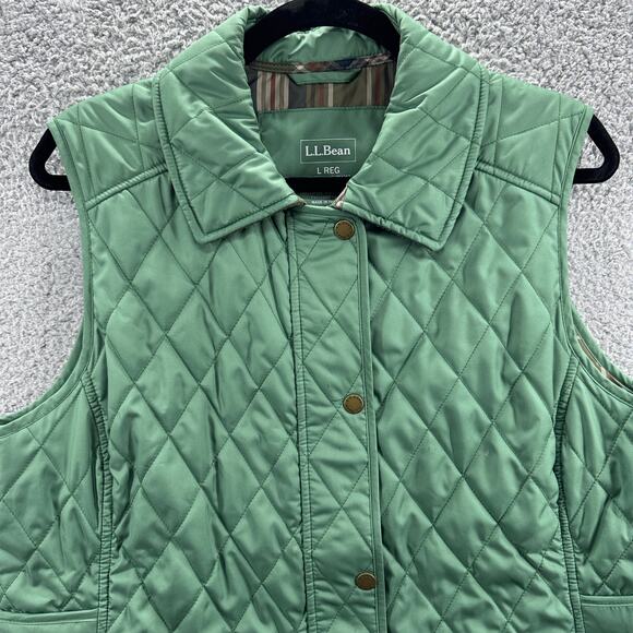 L.L. Bean Vest Womens Large Green Quilted Snap Button Plaid Lined NWOT Outdoor - Picture 2 of 10